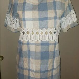 English Factory Cotton Crochet Short Sleeve Plaid Dress